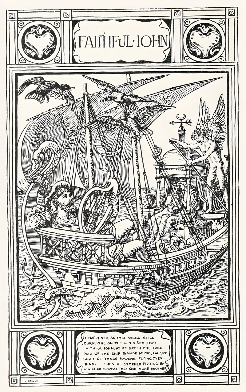 Walter Crane's 'Faithful John' depicts a narrative scene with rich colors and intricate details.