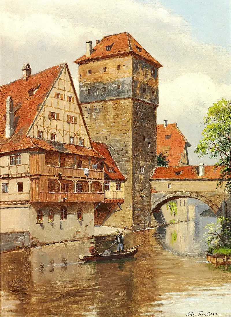 Henckerstieg i Nürnberg by August Fischer, oil on canvas depicting a landscape with vibrant colors.