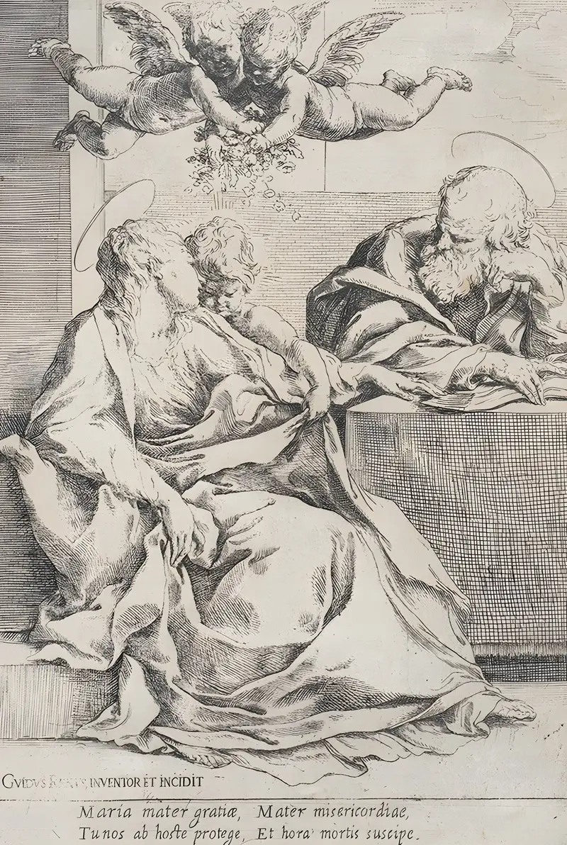 The Holy Family with Two Angels by Guido Reni features a serene depiction of the Holy Family surrounded by angels.