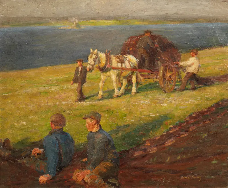 Figurative scene with figures handling nets, oil painting by Harold Harvey