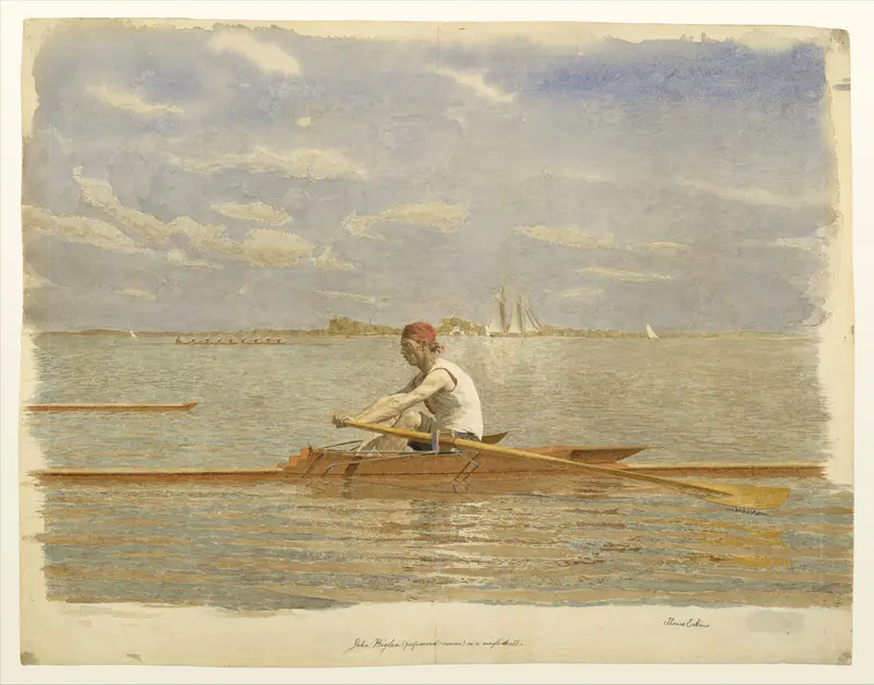 Thomas Eakins' painting depicts John Biglin rowing in a single scull.