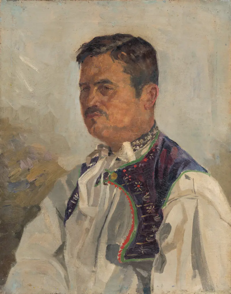 A self-portrait of Antos Frolka, featuring a confident gaze and traditional folk costume against an unfinished background.