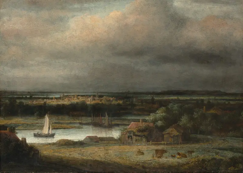 Wide River Landscape by Philips Koninck, oil on canvas depicting a tranquil river and drifting clouds.