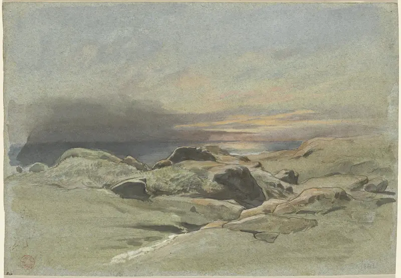 Sunset from a Rocky Coastline, oil on canvas by Jean-Achille Benouville, featuring jagged rocks and a vibrant sky.