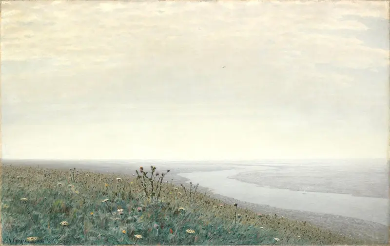A serene landscape depicting the Dnieper River under a vast pale sky with wildflowers in the foreground.