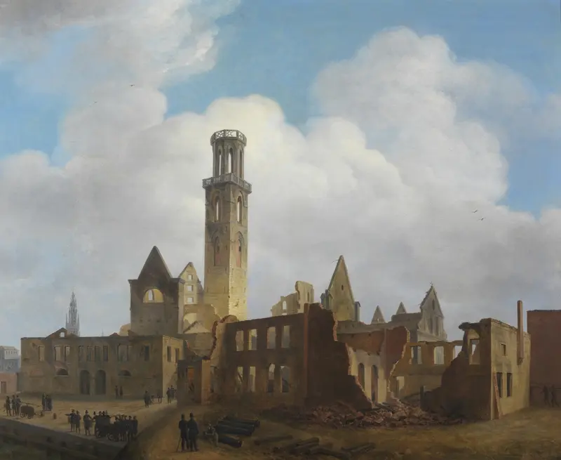 Na de brand van de St.-Michielsabdij by Philippe Jacques Van Brée, oil on canvas depicting ruins and fire.