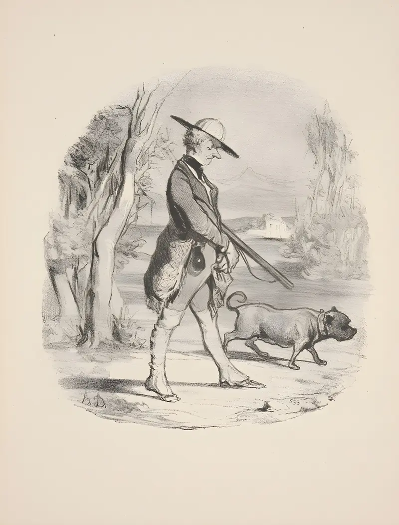 A depiction of hunting and fishing activities by Honoré Daumier.