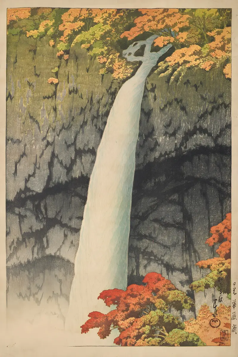 Nikko Kegon taki woodblock print by Kawase Hasui depicting a waterfall and rocky landscape