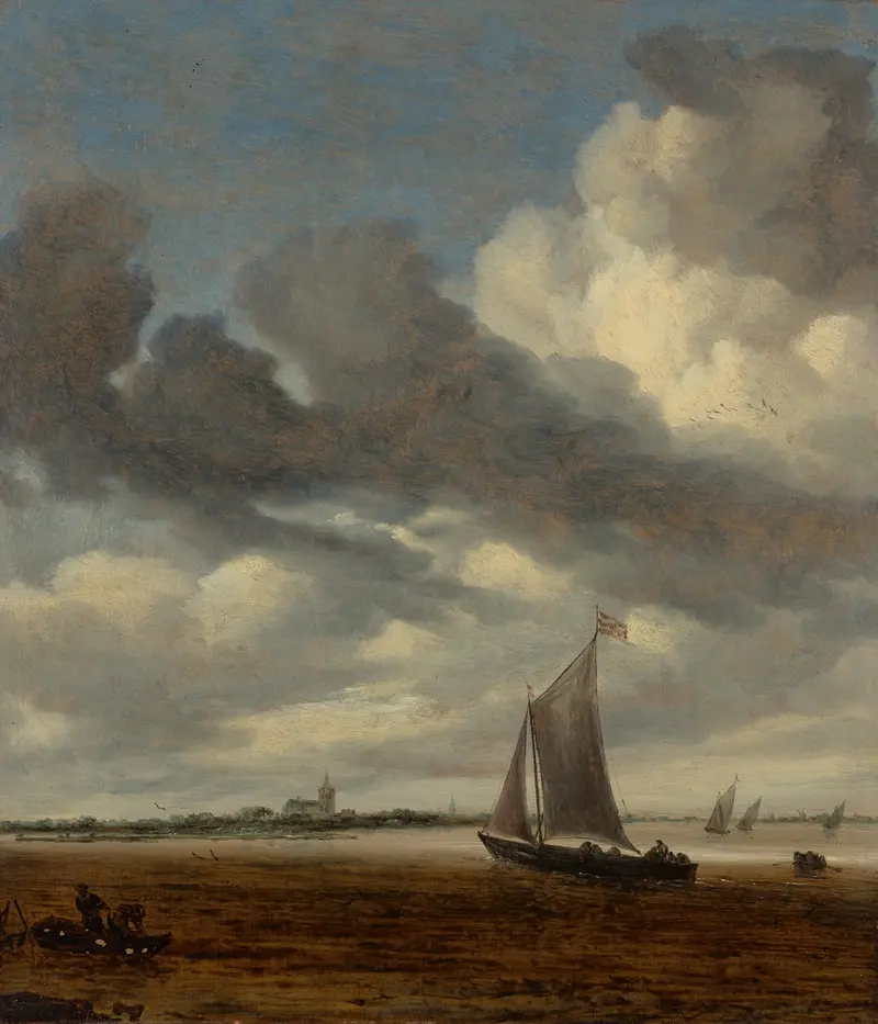 Oil on canvas by Salomon van Ruysdael depicting a smalschip and fishermen in an estuary