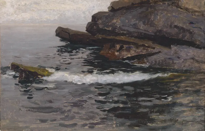Felsküste bei Capo Lungo by Alfred Zoff, oil on canvas depicting crashing waves and cliffs.