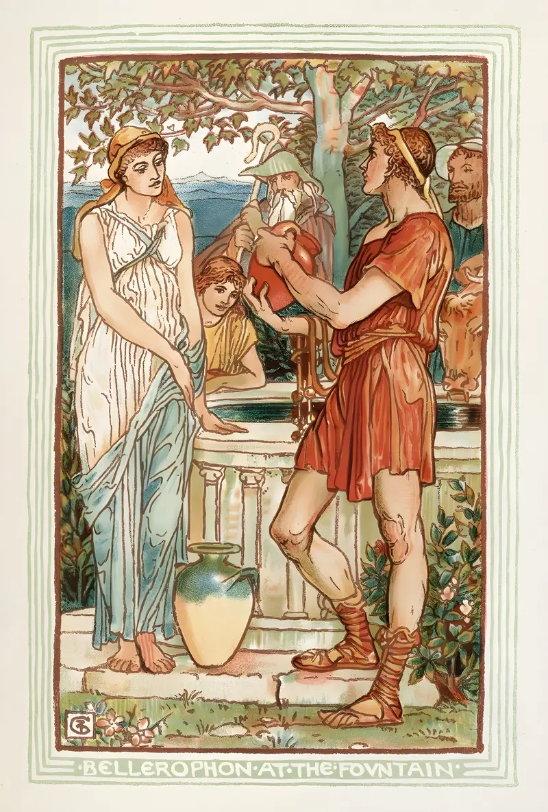 Walter Crane's 'Bellerophon at the fountain' depicts a mythological scene with vibrant colors.