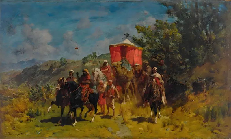 A depiction of an Arab caravan in a desert landscape by Alberto Pasini.