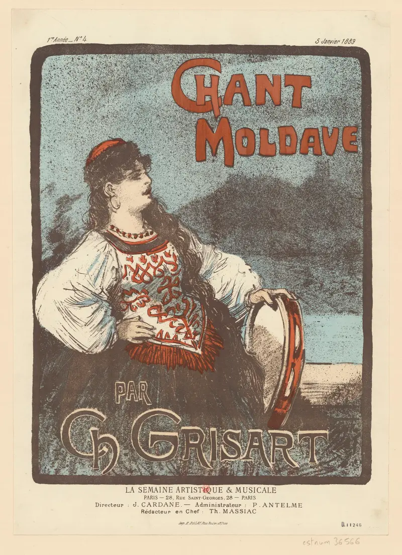 A Moldavian singer poised to sing, adorned in a vibrant embroidered costume with a tambourine in hand.