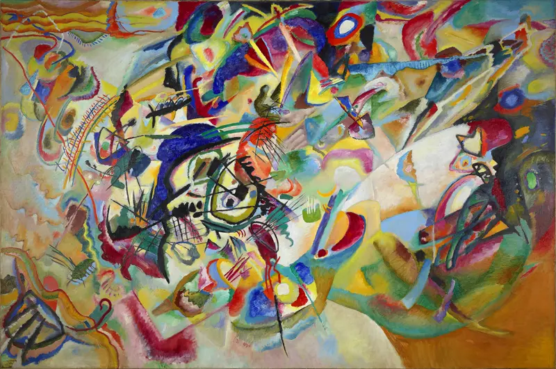 A vibrant abstract composition with swirling colors and dynamic shapes.
