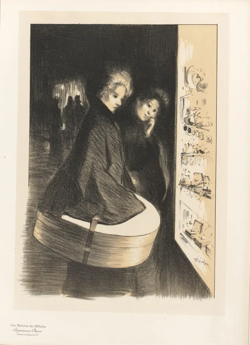 Two figures lean toward a shop window, illuminated by golden light, with a large hatbox in the woman's arm.