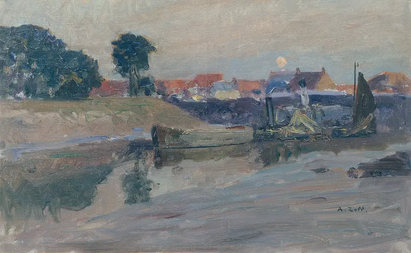 Twilight landscape with a rising moon, oil on canvas by Alfred Zoff