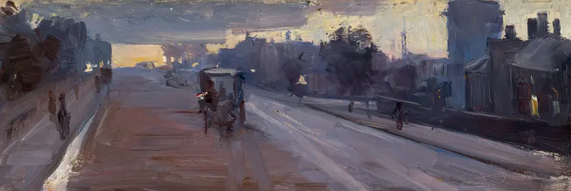 Hoddle St., 10 p.m. oil painting by Arthur Streeton depicting a twilight street scene.
