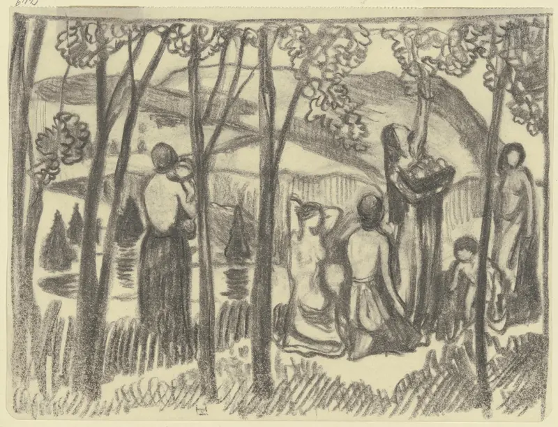 A painting depicting kneeling women and a fruit picker in a lush setting.