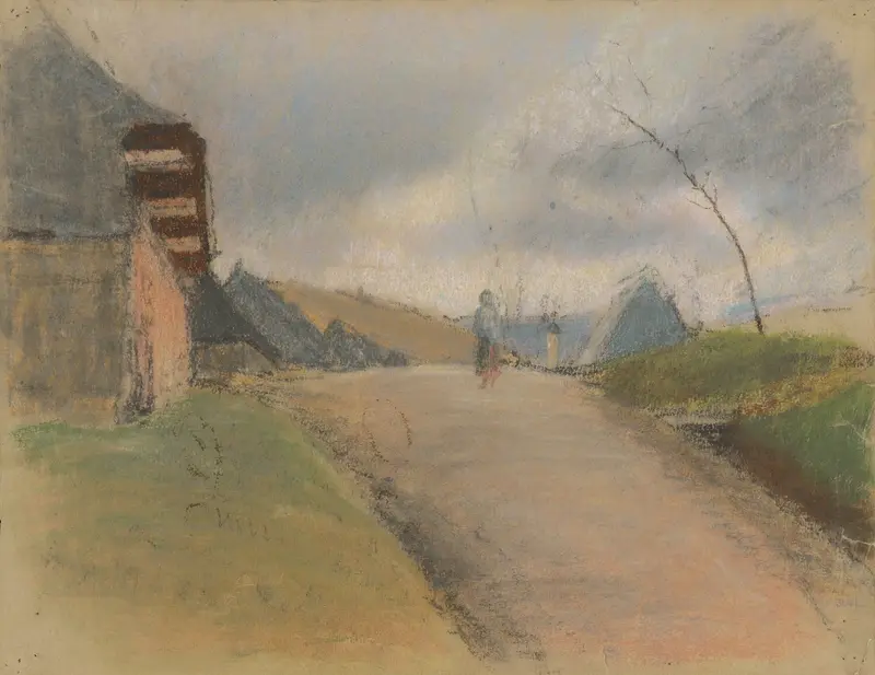 Landscape oil painting by Ladislav Mednyánszky featuring a winding road and golden light