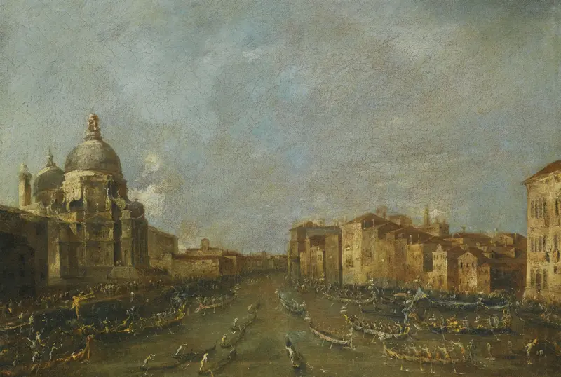 Rococo oil painting by Francesco Guardi depicting boats on the Grand Canal at sunset.