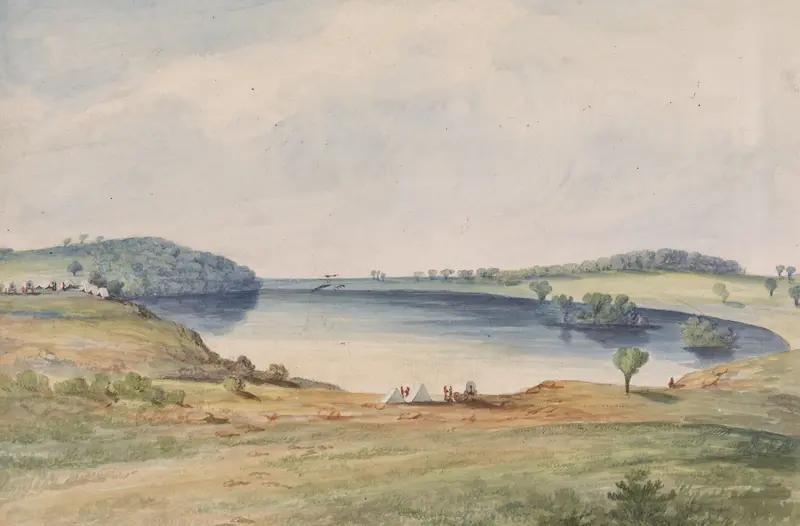 Pike Lake M.T. by John Mix Stanley, oil on canvas depicting a tranquil lake and wilderness.