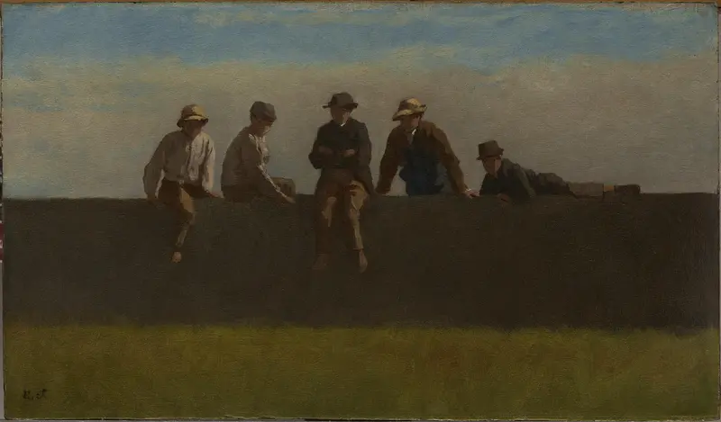 Five boys sit on a wall in a lively scene by Eastman Johnson.