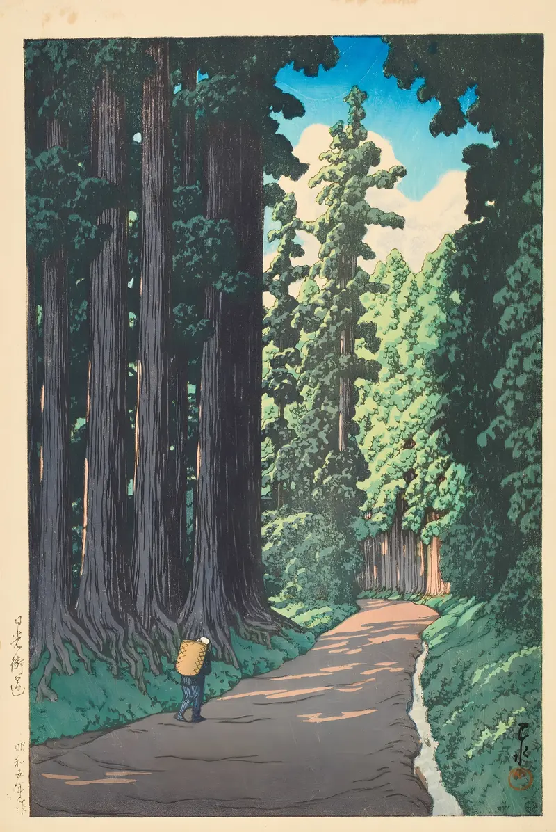 Ukiyo-e by Kawase Hasui depicting a tranquil path through a forest.