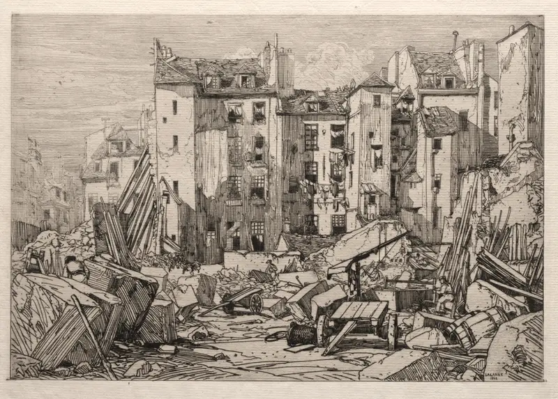 Engraving by Maxime Lalanne depicting the demolition of old houses in Paris