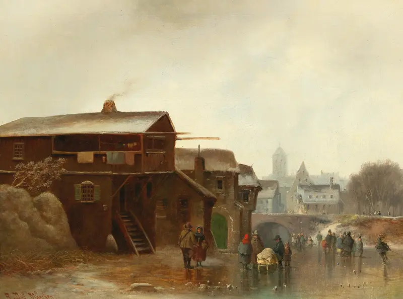 Children playing in the snow, oil on canvas by Anton Doll