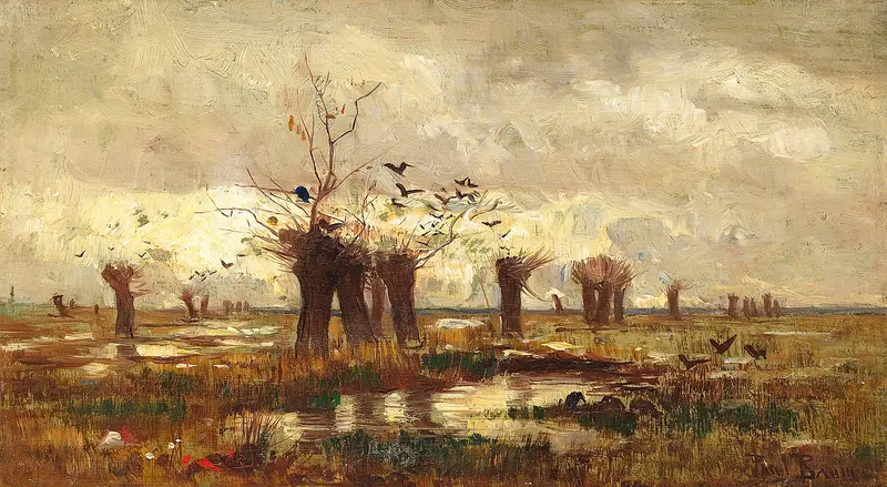 Moorlandschaft mit Kopfweiden by Paul Baum, oil painting depicting willows in a moorland landscape