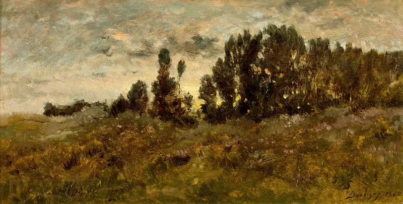 Landscape by Charles François Daubigny, oil painting depicting serene countryside under a vast sky.