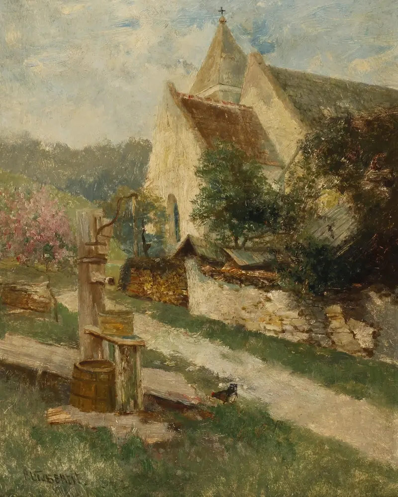 Fountain and chapel in oil on canvas by Paul Unbereit
