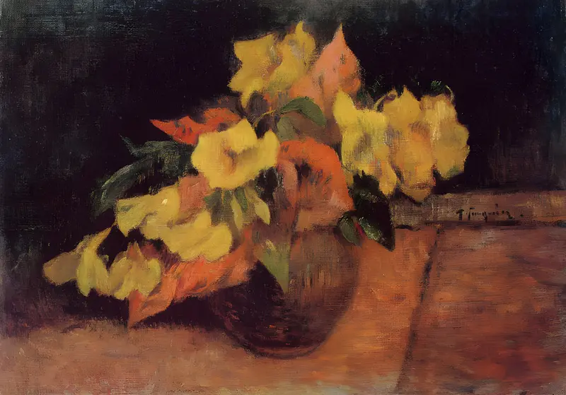 A simple vase holding evening primroses with pale yellow petals.