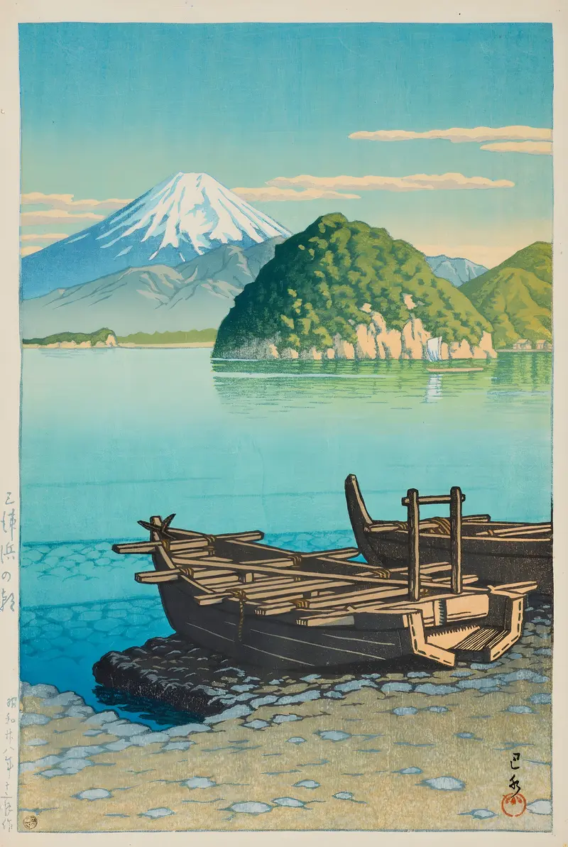Marine scene at dawn, woodblock print by Kawase Hasui