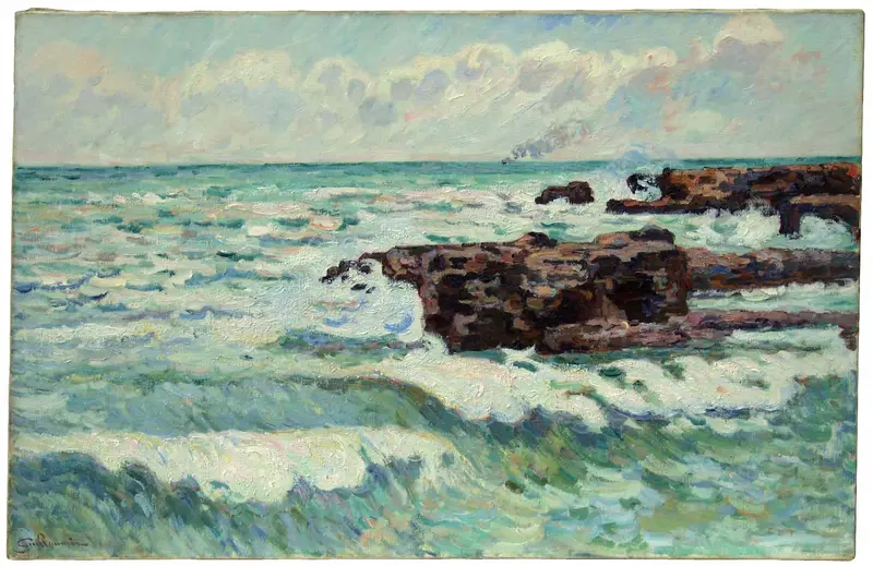 A dynamic seascape depicting swirling waves and rugged rocks under a vast sky.