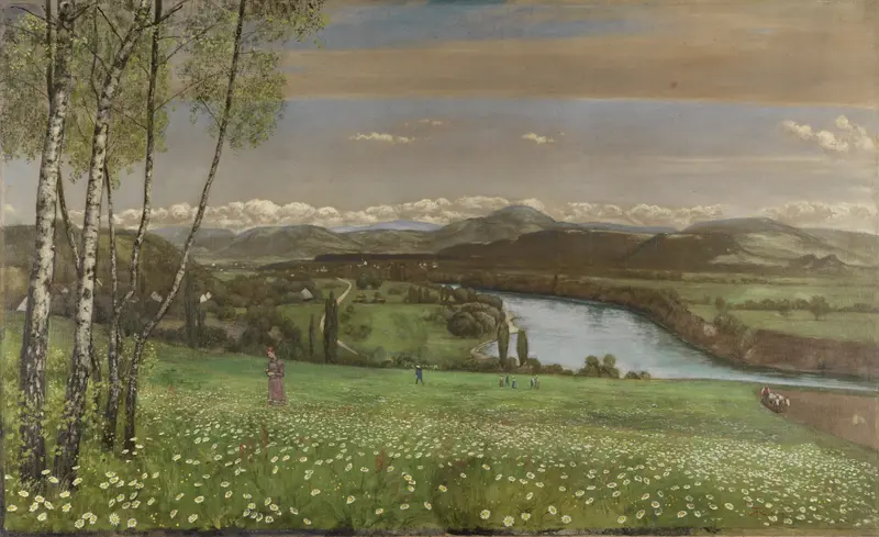 Landscape of the Rhine River with hills, oil on canvas by Hans Thoma