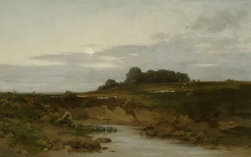 Evening by Roman Kazimierz Kochanowski, oil painting depicting a sunset landscape with warm hues.