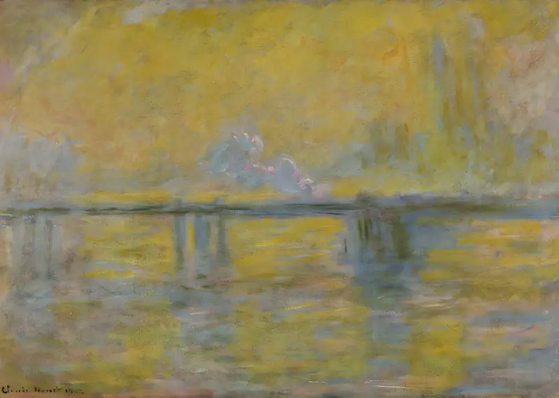 A long, hazy bridge stretches across a golden sky with swirling yellow and ochre strokes, a plume of violet smoke rising, and shimmering water reflections below.