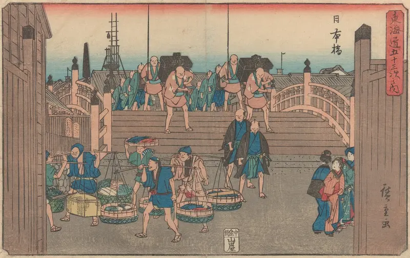 Ukiyo-e by Utagawa Hiroshige depicting a bridge over a river