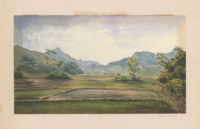 Watercolour by Auguste Mouillesaux de Bernières depicting a serene landscape.