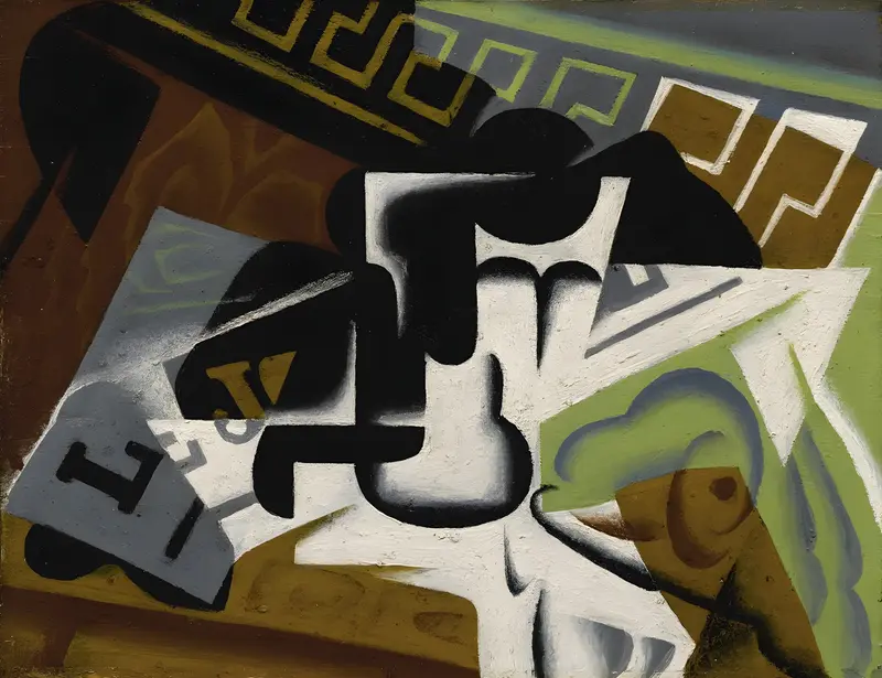 Still life painting by Juan Gris featuring a journal and a fruit bowl.