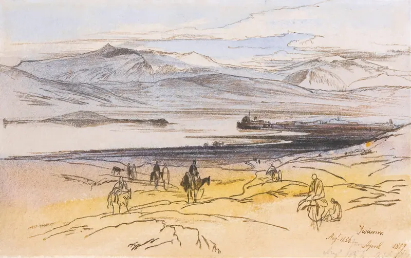 Watercolour by Edward Lear depicting a serene landscape with a lake and mountains.