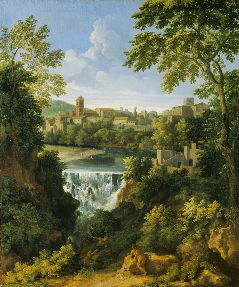 The Falls at Tivoli by Gaspard Dughet, Baroque landscape oil painting featuring a waterfall and forest.