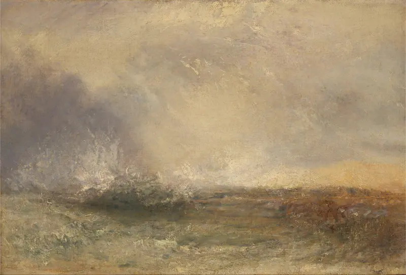 Stormy Sea Breaking on a Shore, oil on canvas by Joseph Mallord William Turner, depicting crashing waves.