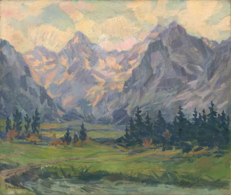 Oil painting by Gustáv Mallý depicting mountains and a valley