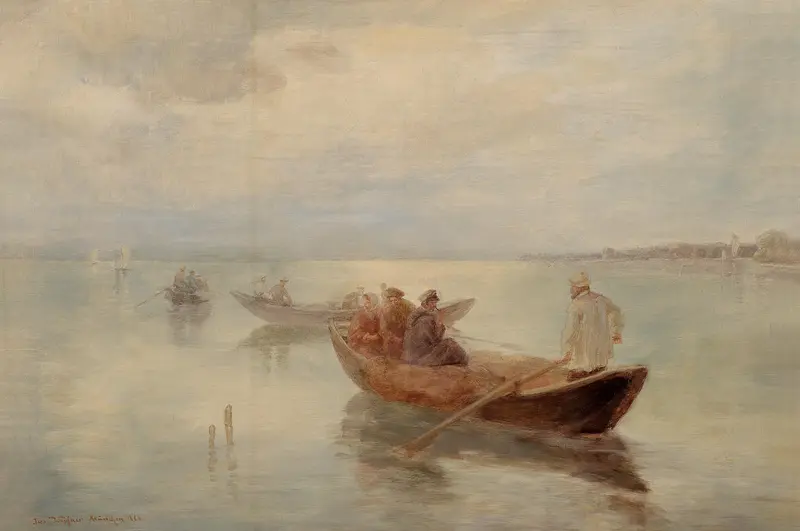 Marine scene depicting fishermen at sunset by Joseph Wopfner, oil painting