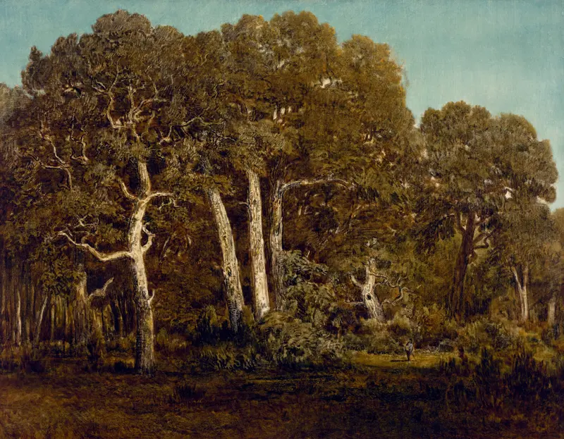 The Great Oaks of Old Bas-Bréau by Théodore Rousseau, oil on canvas depicting towering oaks in a serene landscape.