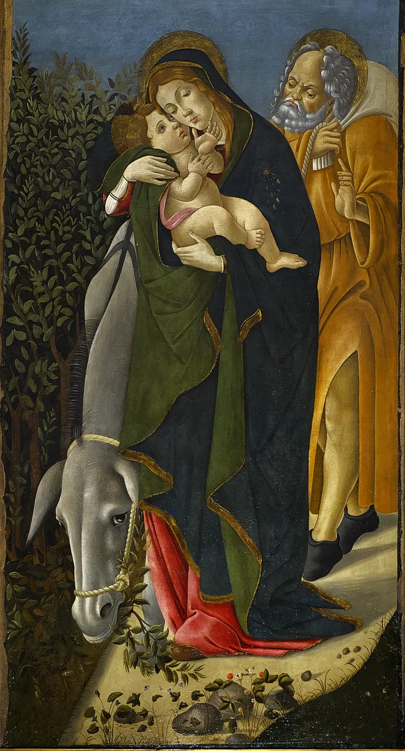 A depiction of the Holy Family's flight into Egypt, showcasing Botticelli's delicate style.