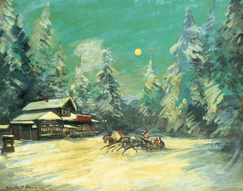 Troïka passant devant une auberge la nuit, oil on canvas by Konstantin Alexeevich Korovin
