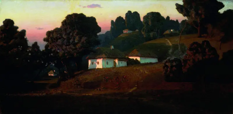 A serene Ukrainian landscape at dusk with glowing cottages and a gradient sky.